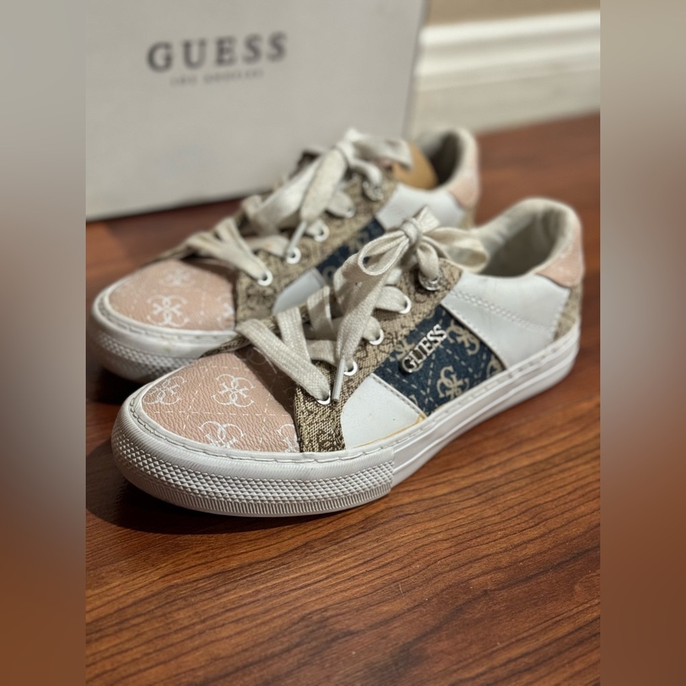 Guess Low Top Sneakers in Pink, White, Navy & Tan